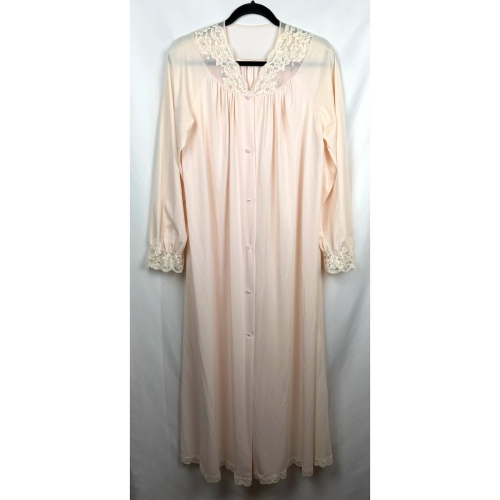 VTG Shadowline Nightgown Small Pastel Pink Peach Lace Robe Long Peignoir 70s 80s